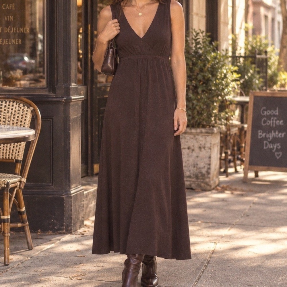 Old Navy Brown V Neck Maxi Dress Y2K empire Tie Waist XL dark academia 90's